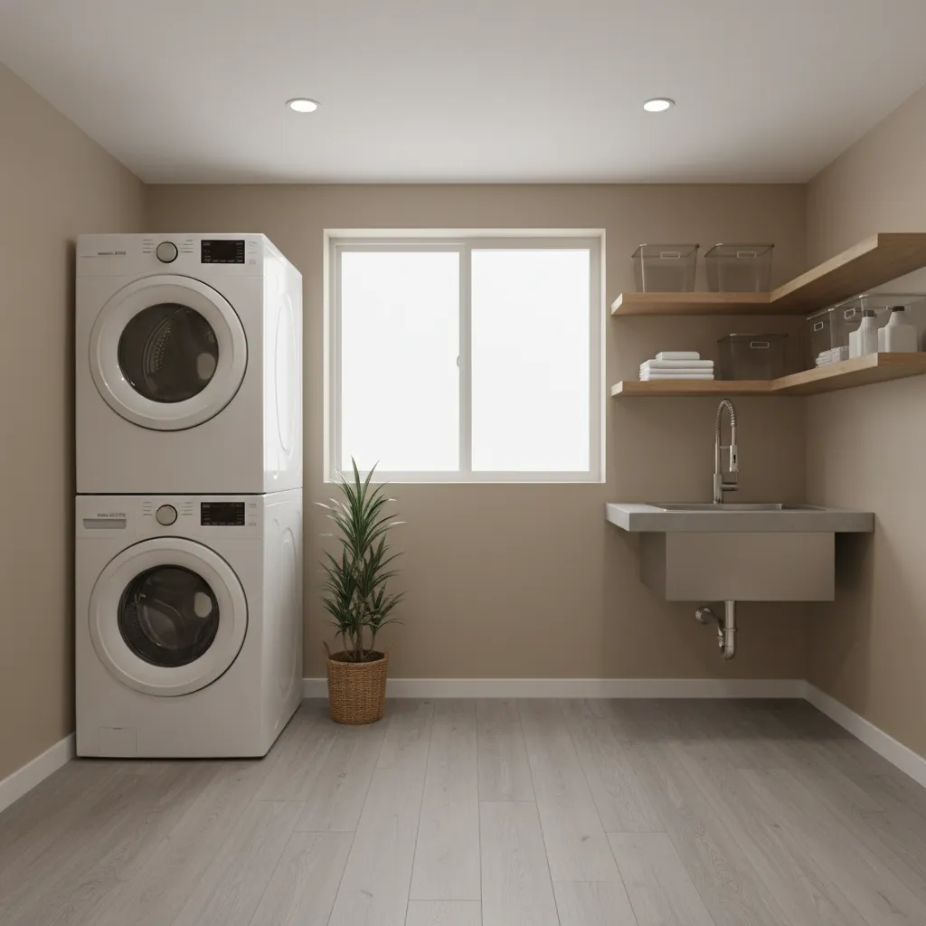 basement laundry room with washer dryer and durable floor surface
