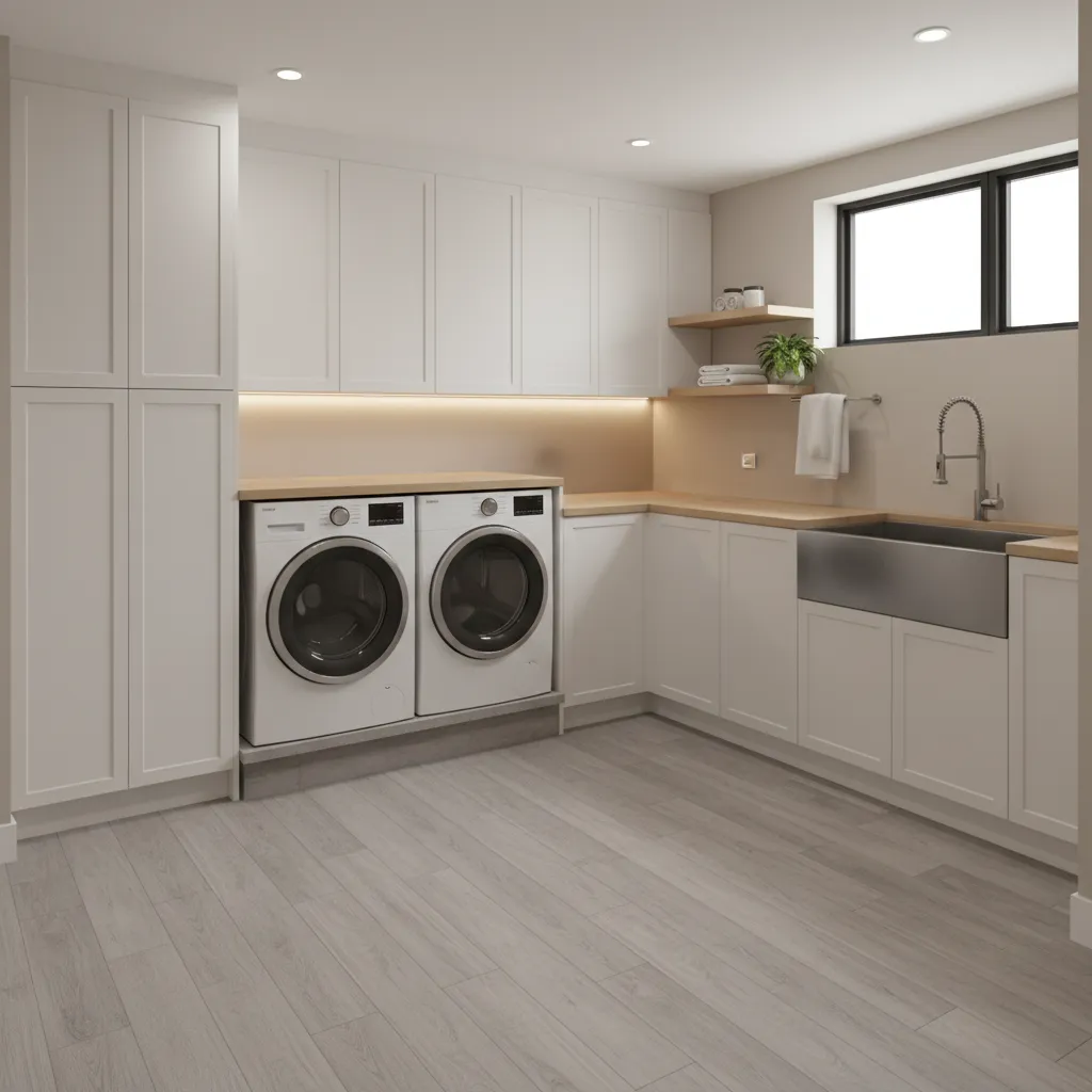 organized basement laundry room with waterproof flooring and storage cabinets