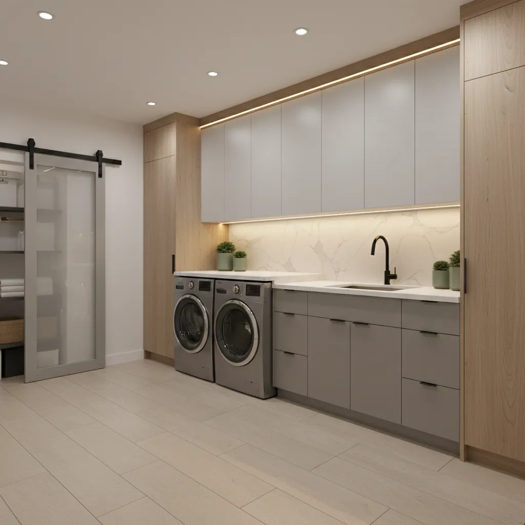 modern basement laundry room with waterproof flooring and washer dryer