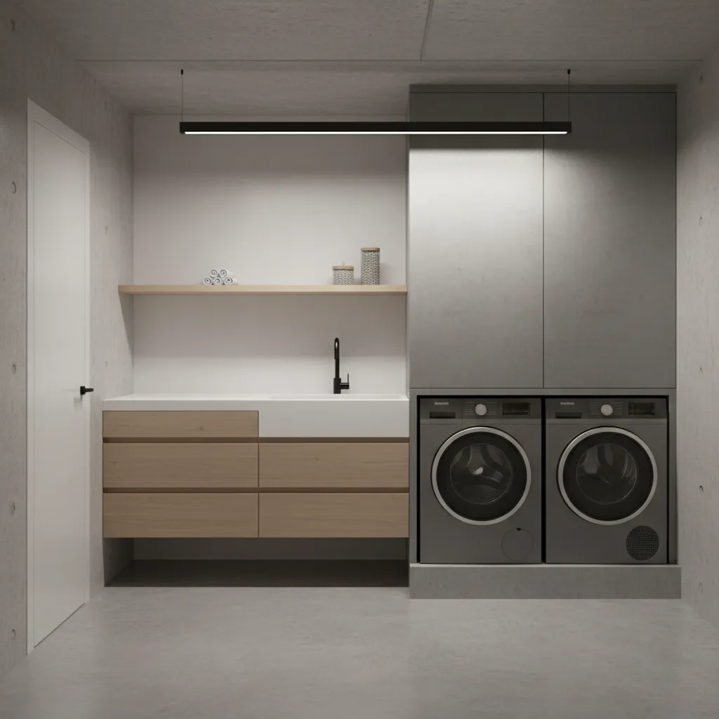 Basement laundry room with washing machine and utility sink near concrete floor