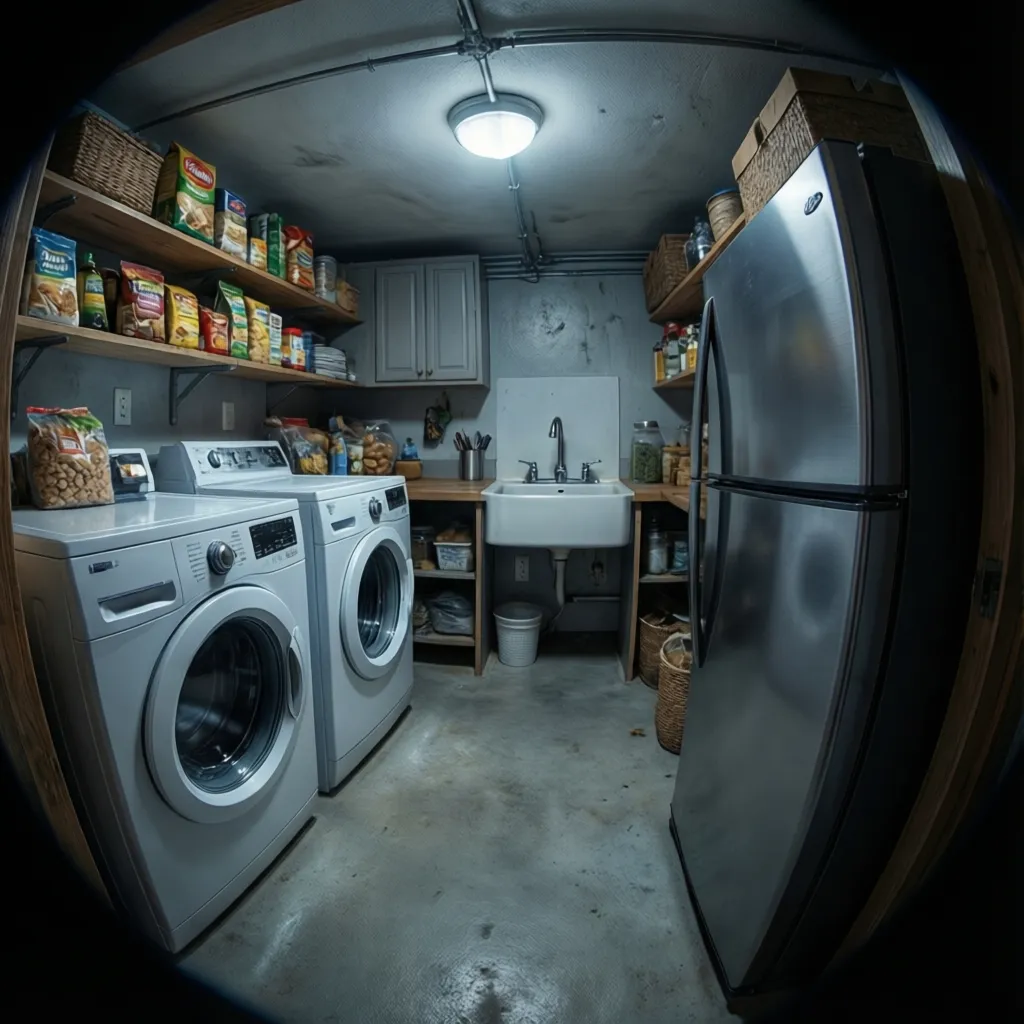 Basement laundry room with utility sink washer dryer and secondary refrigerator