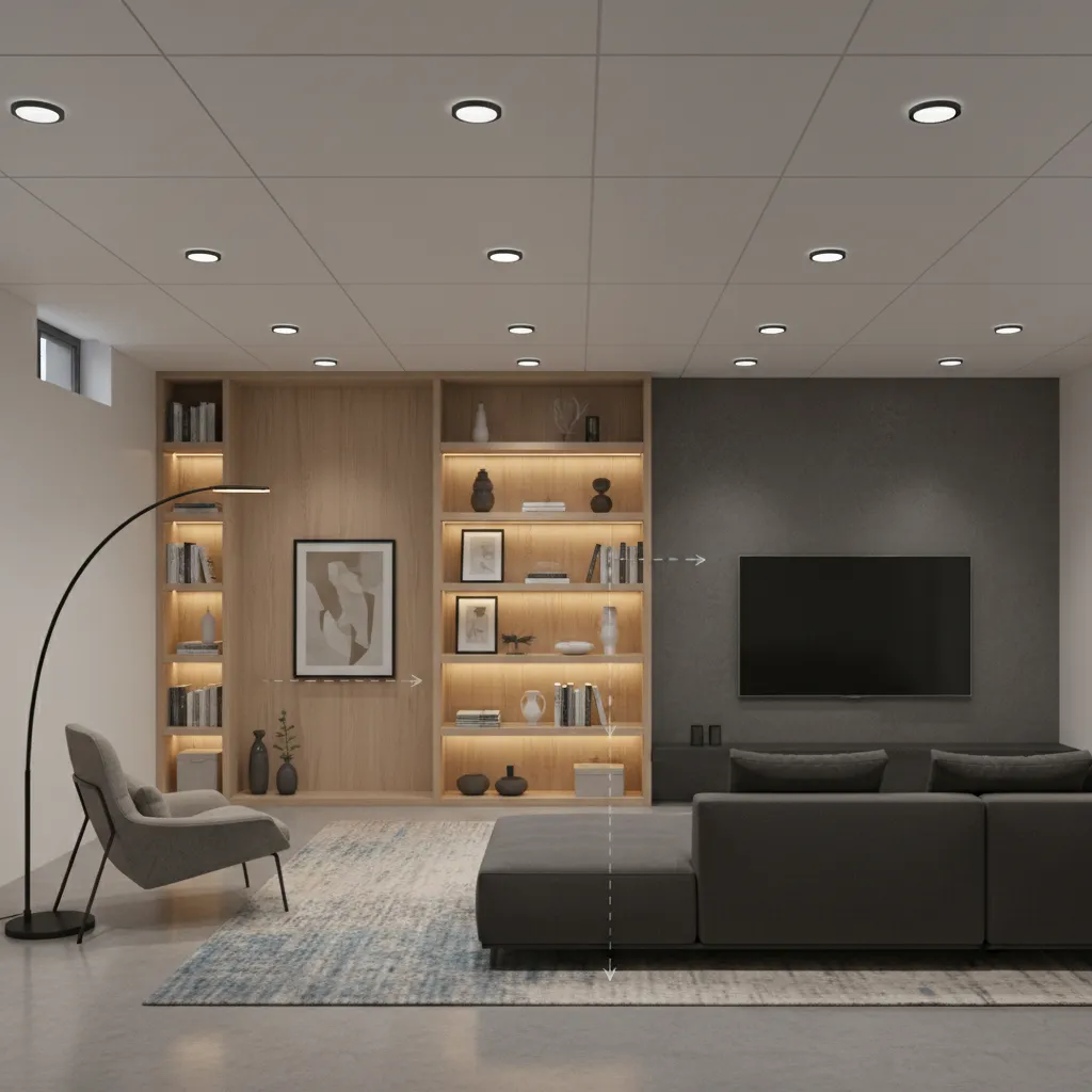 Interior design drawing of basement living room showing sofa bookshelf light fixtures and many ceiling lights
