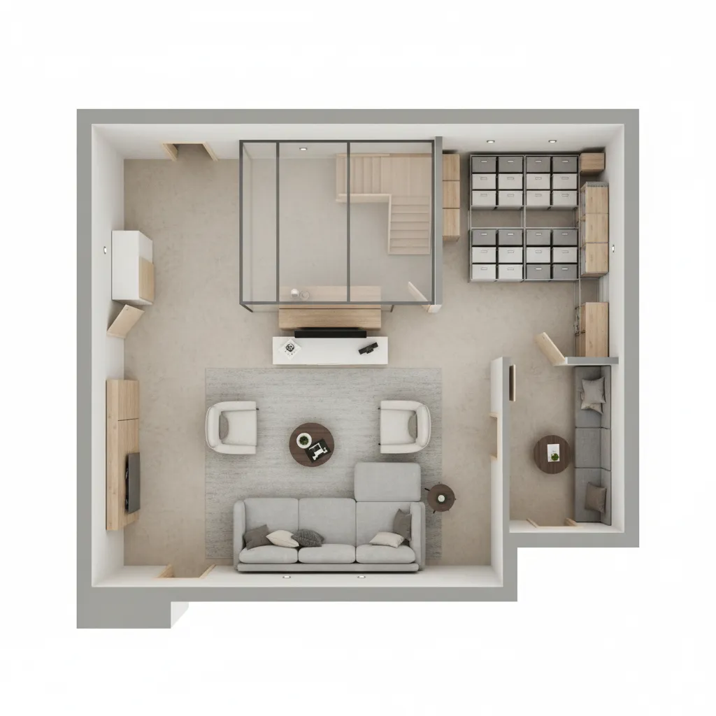3d basement layout showing living area storage and entertainment zones