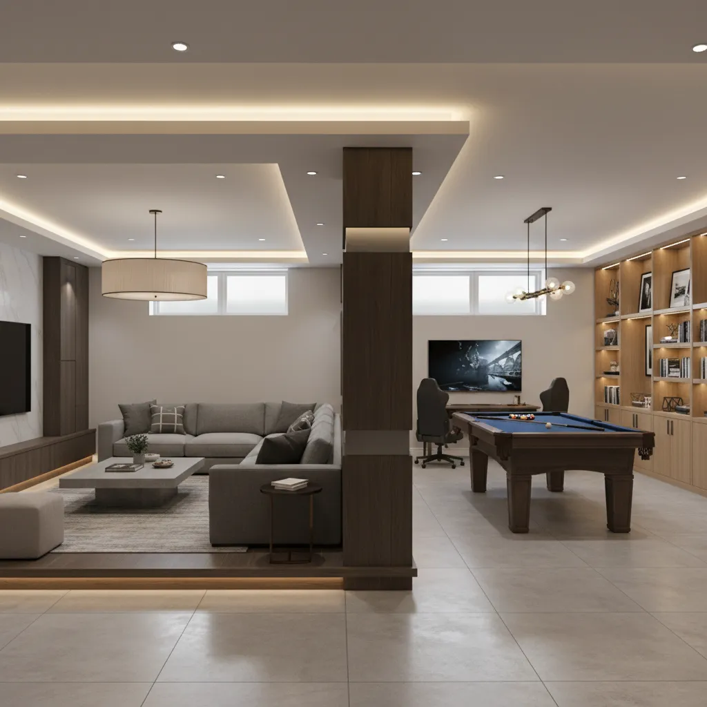 Modern basement layout with grey sofa separated by wooden column from pool table and cabinet