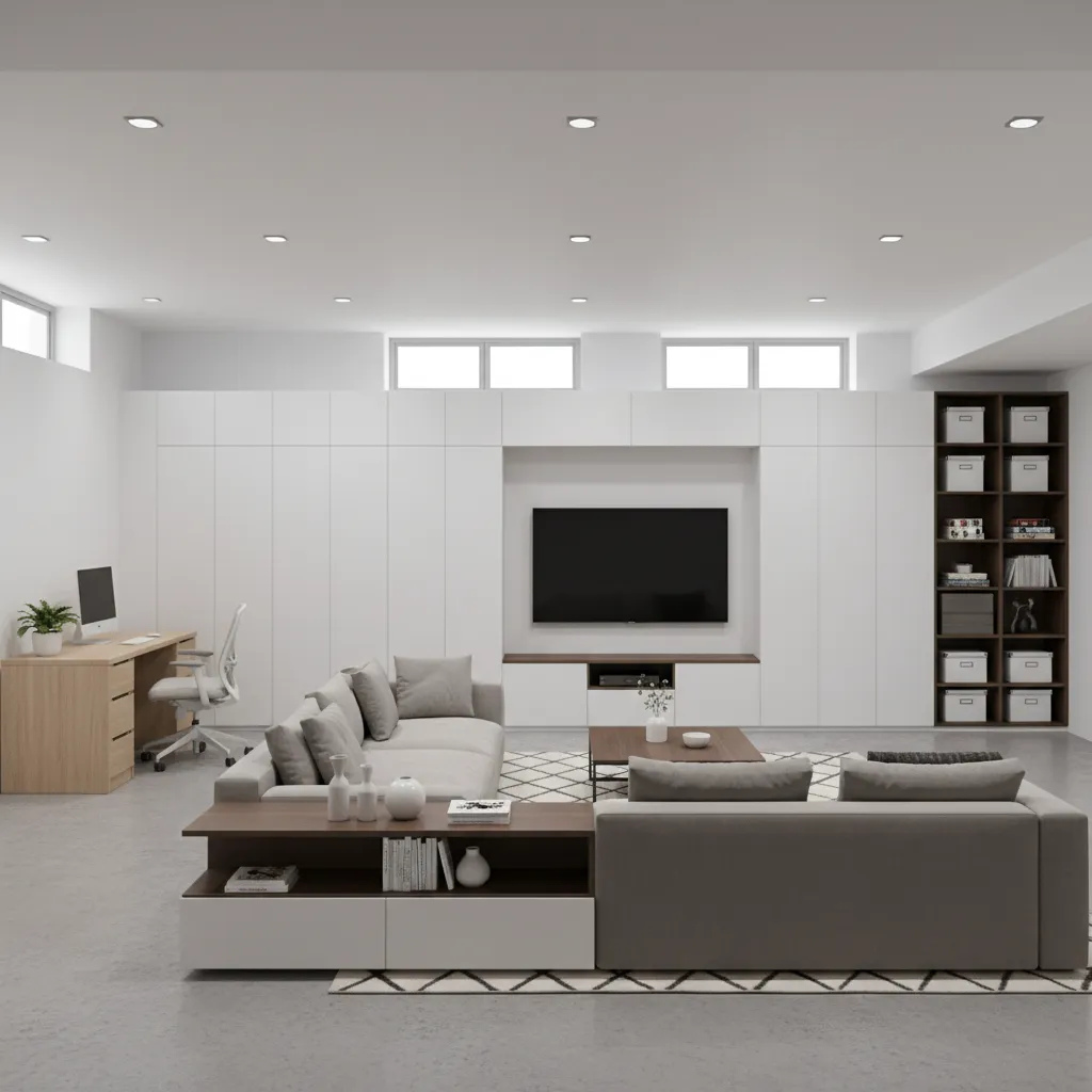 Basement layout showing entertainment, office, and storage zones