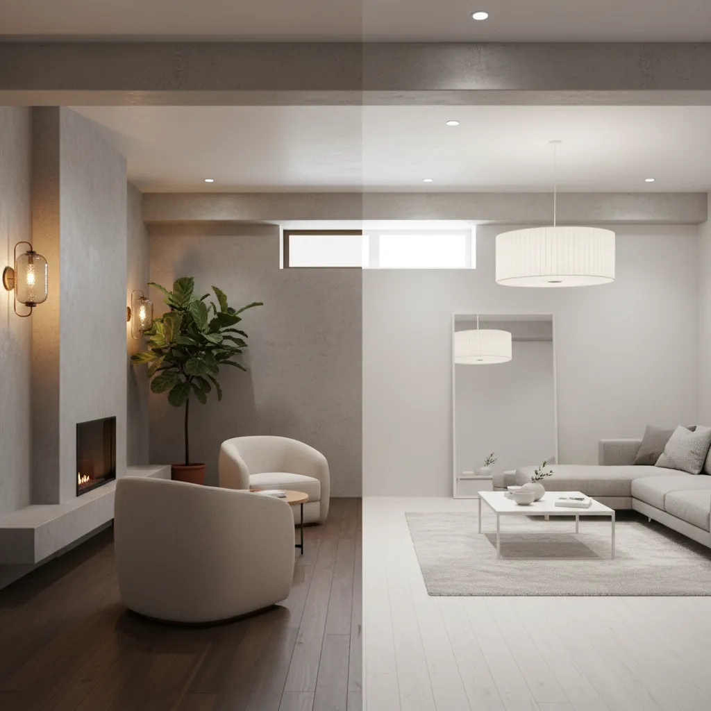 Comparison of warm layered lighting and bright Scandinavian lighting in basement design