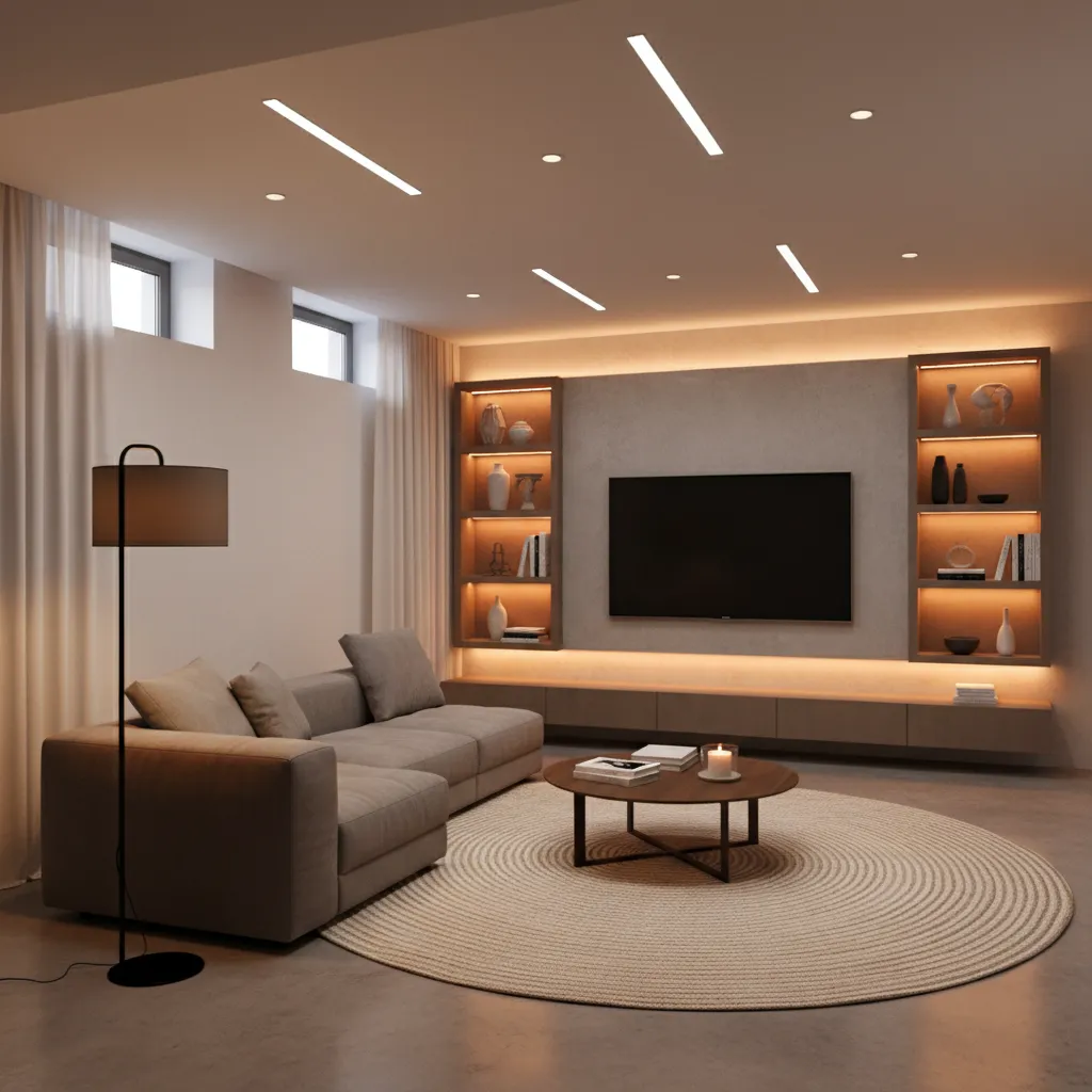 Basement living room with warm lighting grey sofa round rug and TV wall with shelves