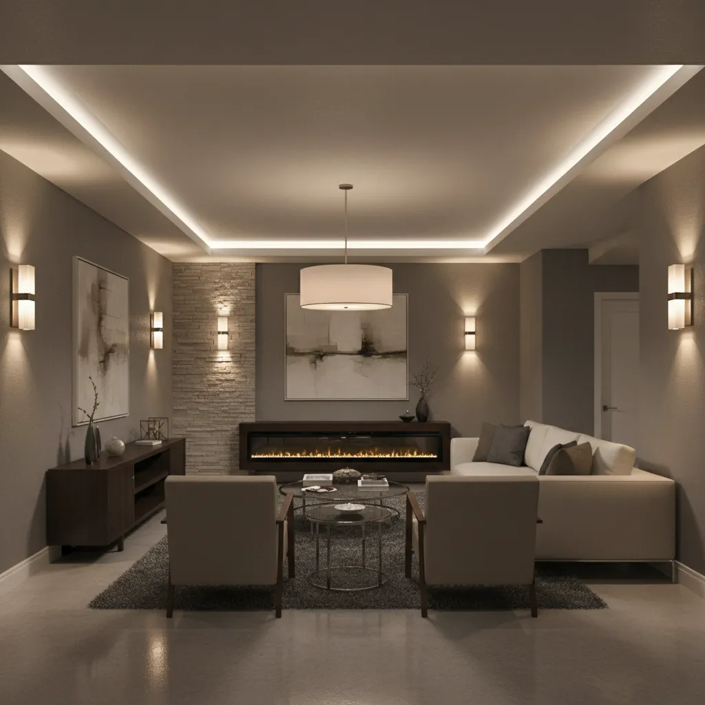 Finished basement showing layered lighting with recessed lights and wall sconces