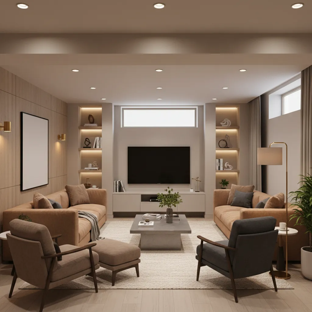 Basement interior showing layered lighting design with recessed lights and wall lighting
