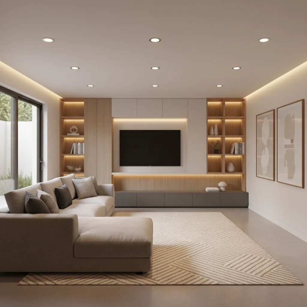 Modern living room with beige sofa, large television, wooden wall shelves, recessed lights, and rug