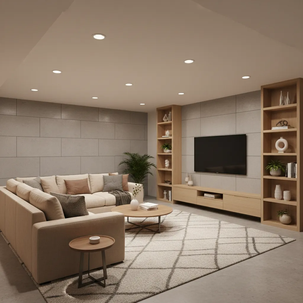 Bright basement living room with beige sofa wooden coffee table large TV and wooden shelves