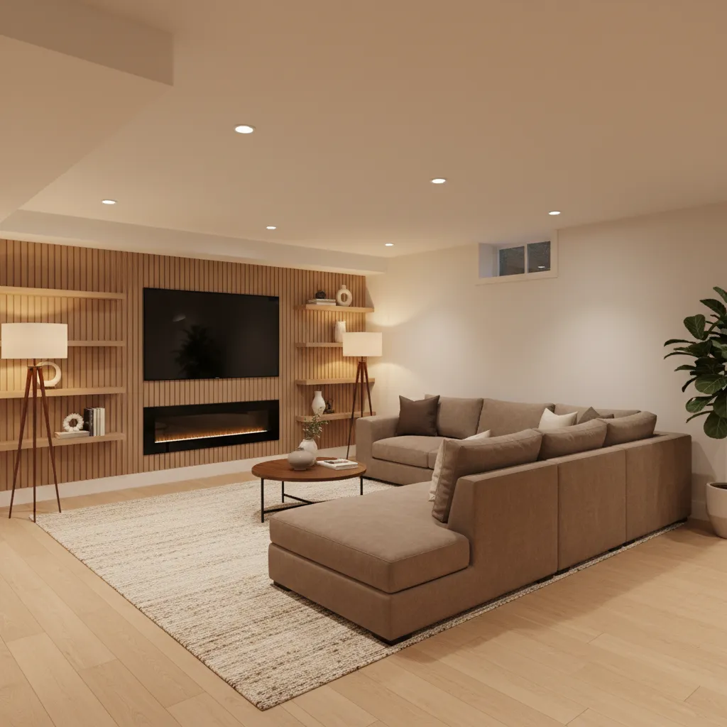Modern basement living room with brown sofa wood wall panel fireplace and several ceiling lights