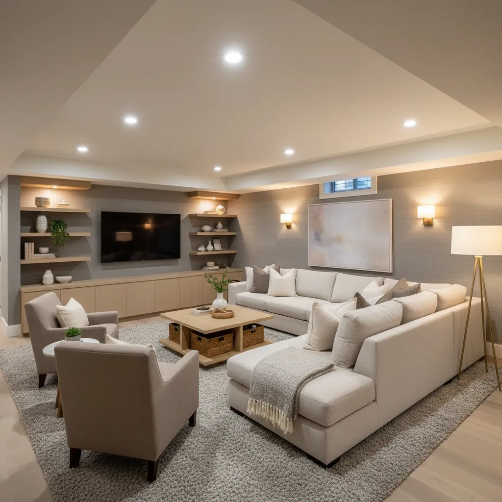 Modern basement living room featuring large sofa grey rug wooden coffee table wall lights floor lamp