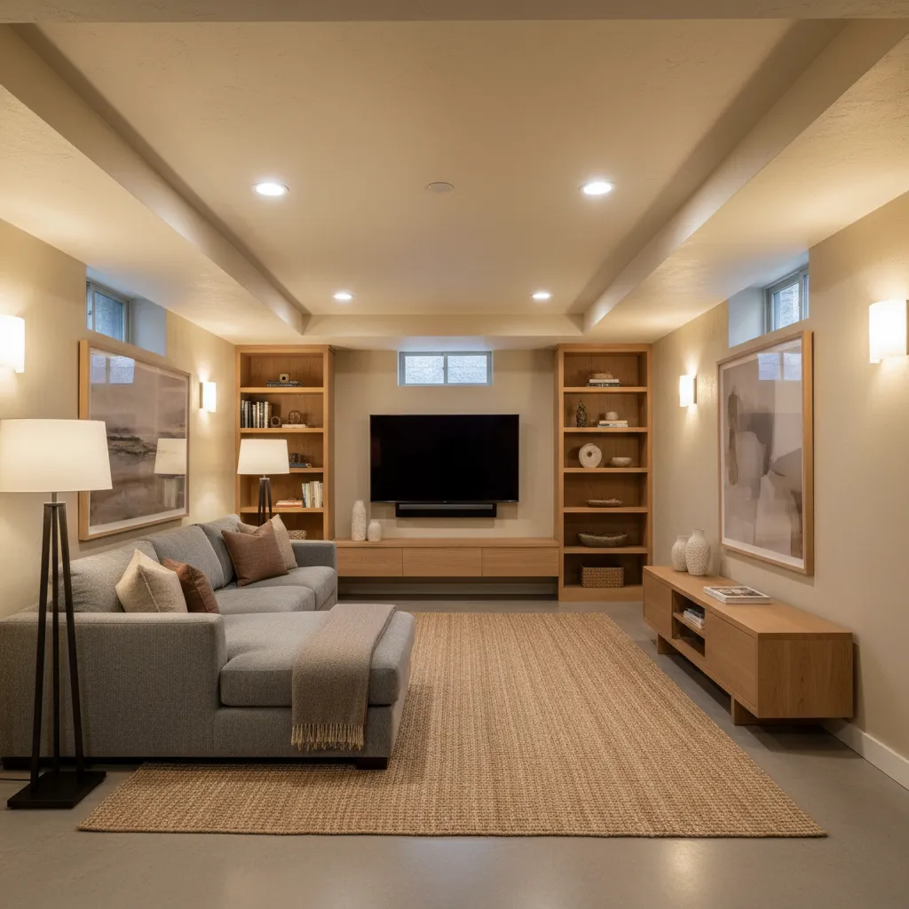 Cozy basement living room with grey sofa, wooden bookshelves, television, floor lamp, and wall lights