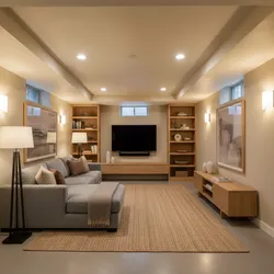 Cozy basement living room with grey sofa, wooden bookshelves, television, floor lamp, and wall lights