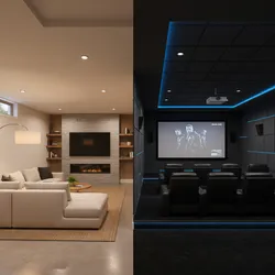 Split image comparing a basement living room with a dark home theater featuring cinema seating