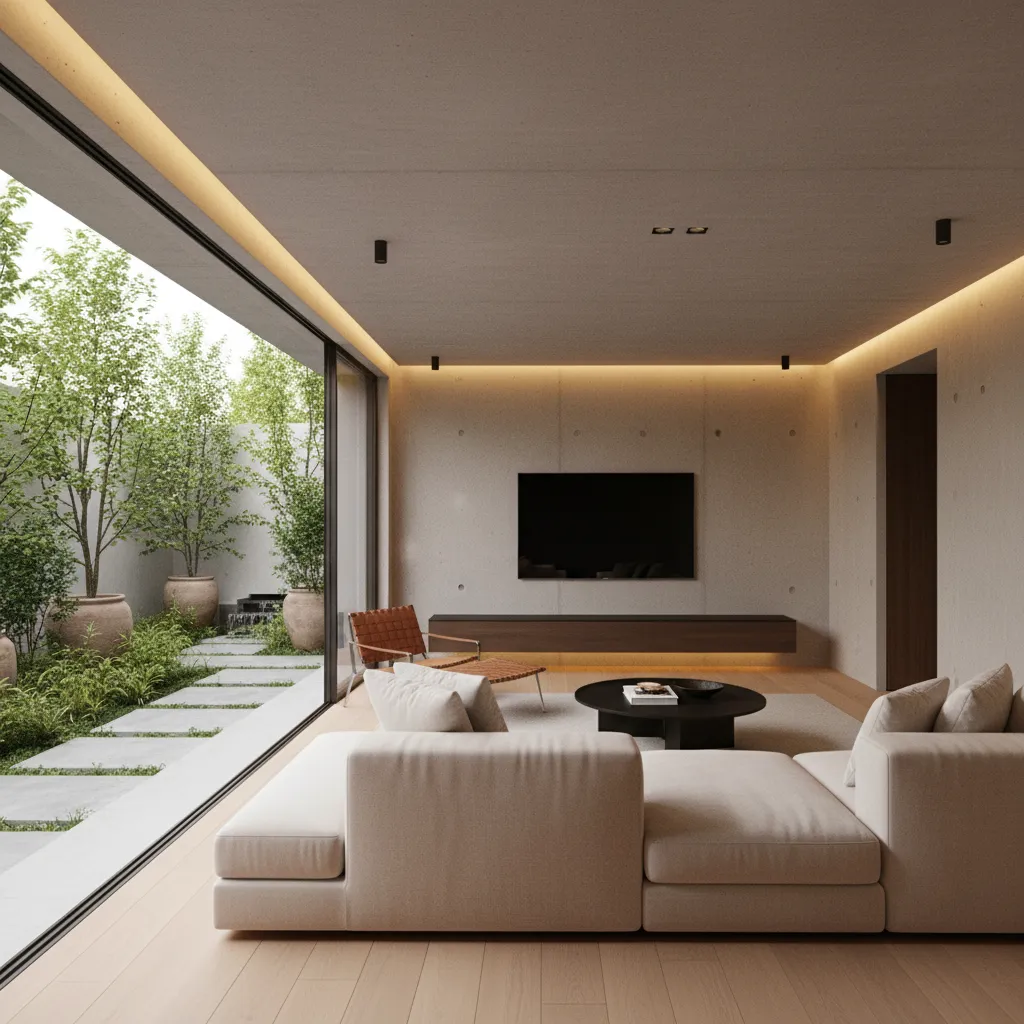 Sótano moderno con sala de entretenimiento y luz natural desde patio inglés