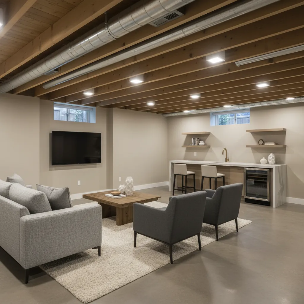 finished basement showing low ceiling with visible beams and ductwork