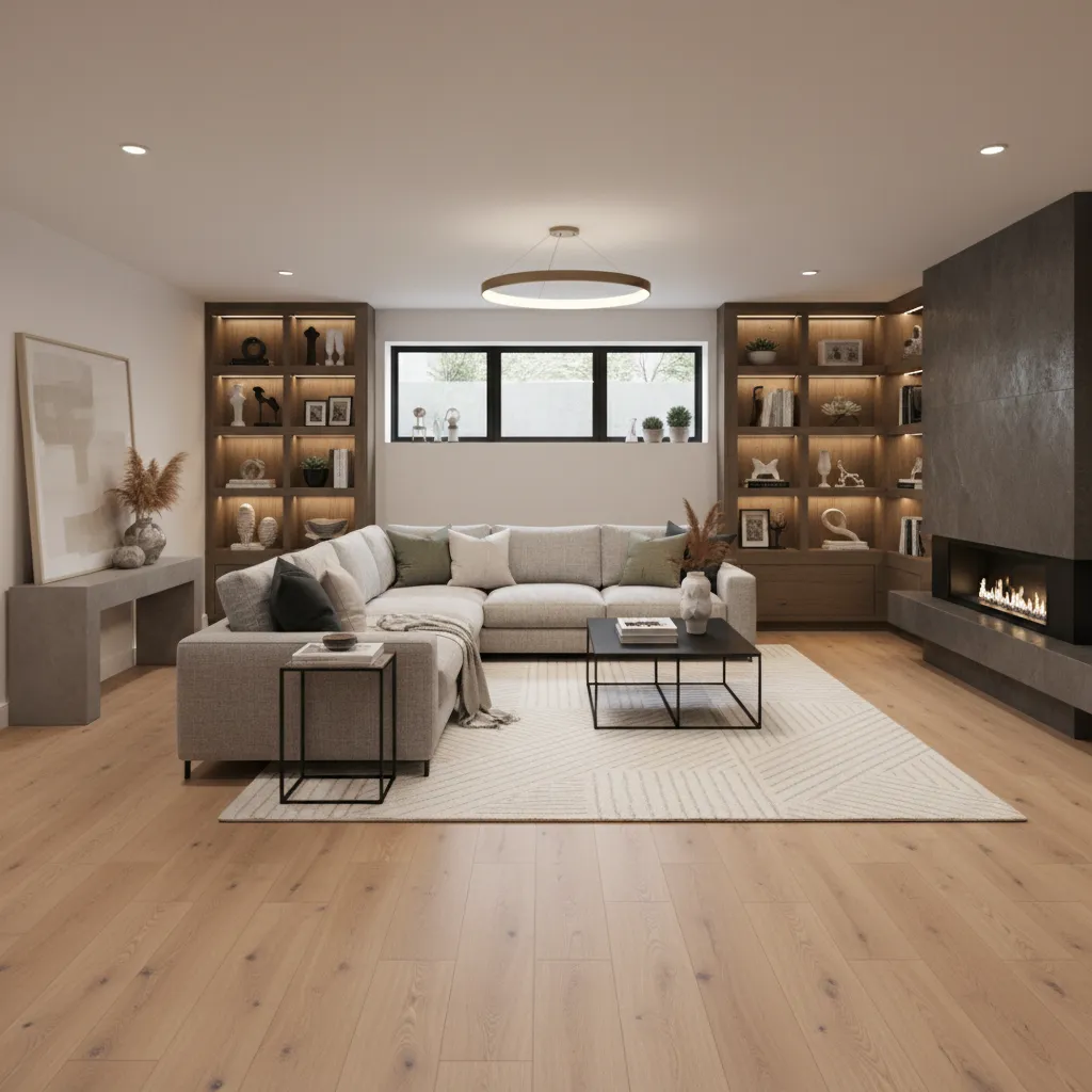 Spacious living room featuring grey sofa, wood floor, fireplace, black coffee table, and wooden bookshelves