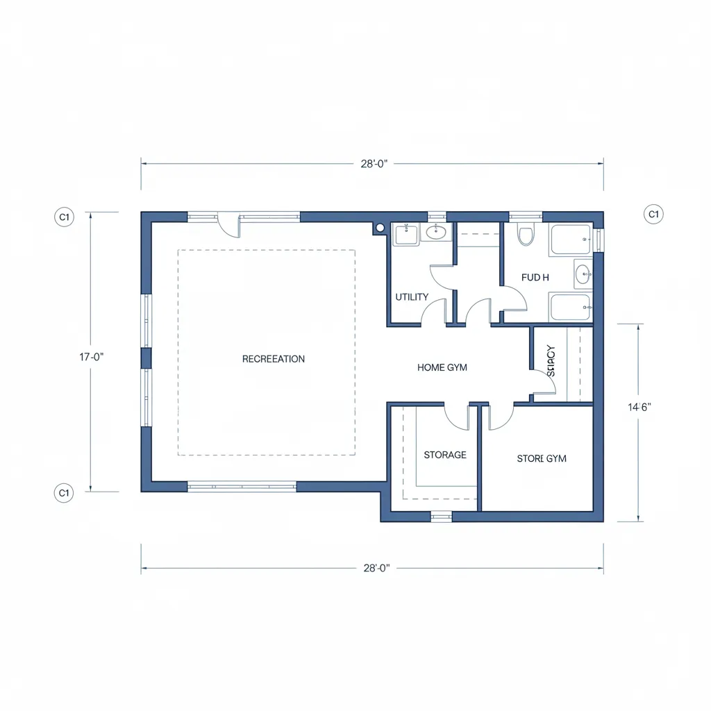 basement floor plan with measurement lines and wall thickness indicators