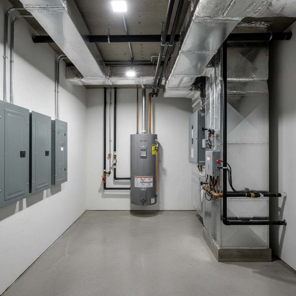energy efficient basement mechanical room in modern home