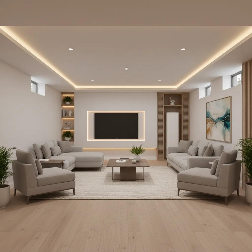 Spacious basement living room with grey sofas, wooden coffee table, ceiling lights, and wooden floor