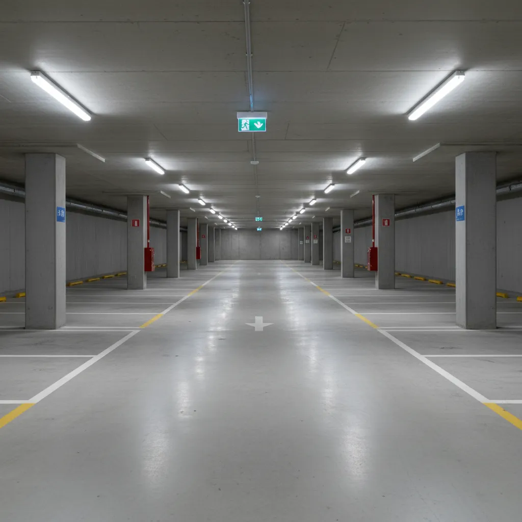 Modern basement parking garage showing efficient double loaded parking rows