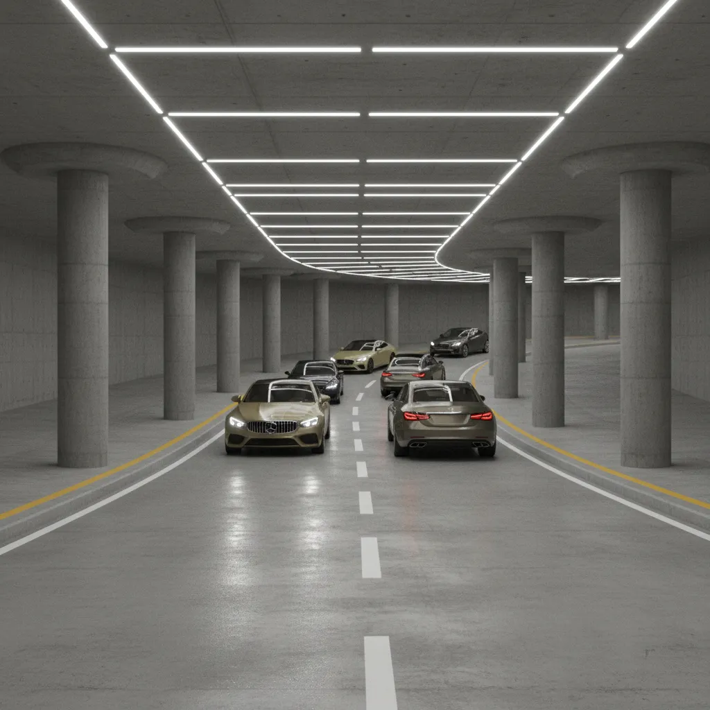 underground parking ramp with vehicles descending and clear lane markings