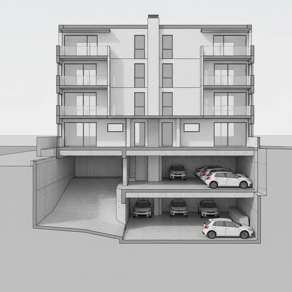 architectural cross section of basement parking structure under residential building