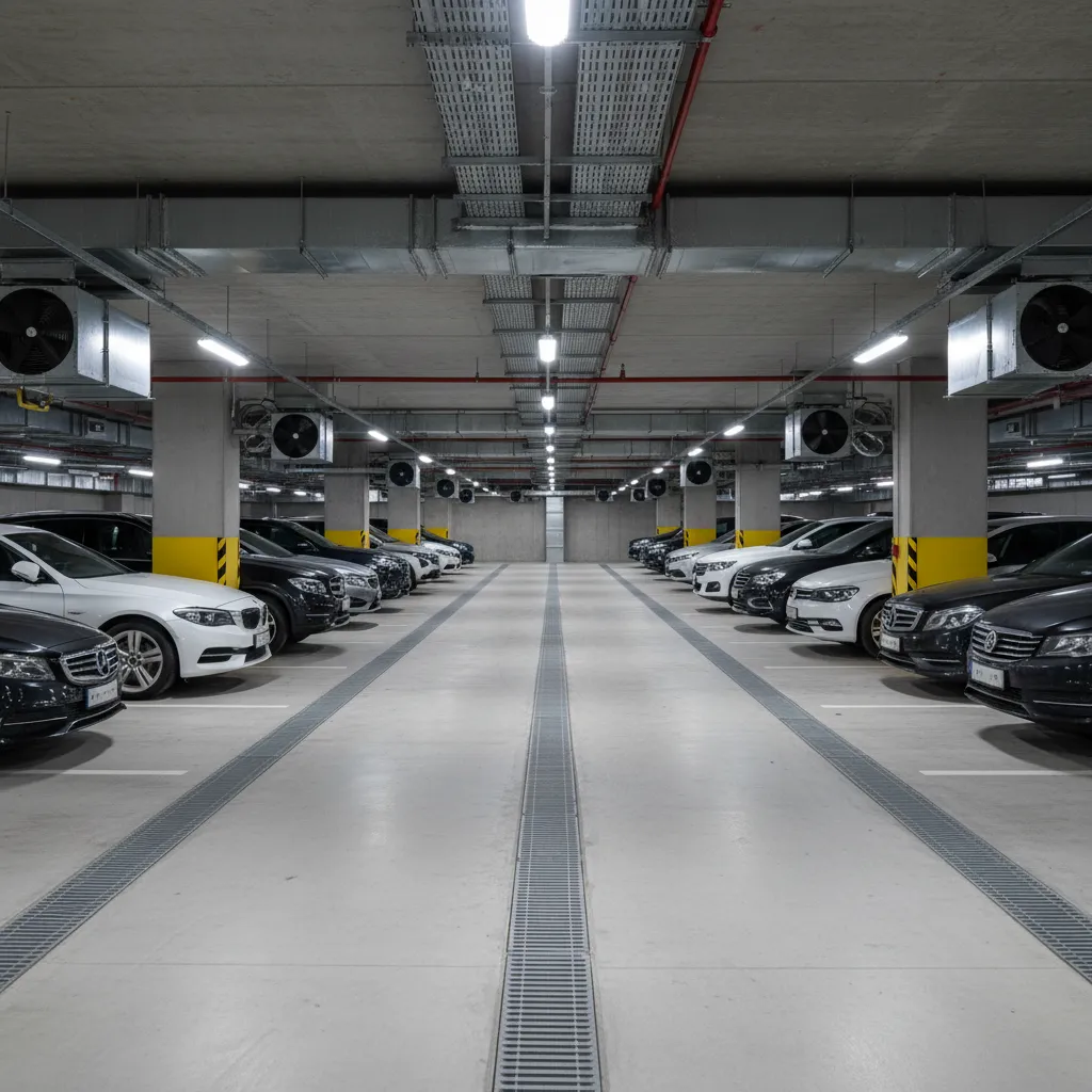 underground parking garage with ventilation ducts and drainage system