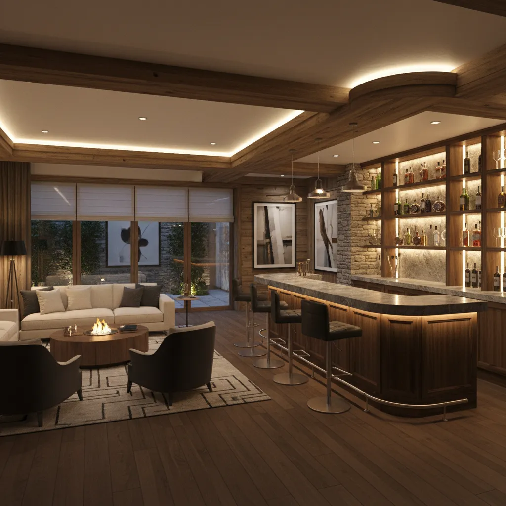 photorealistic 3D render of a basement remodel with bar and lounge area