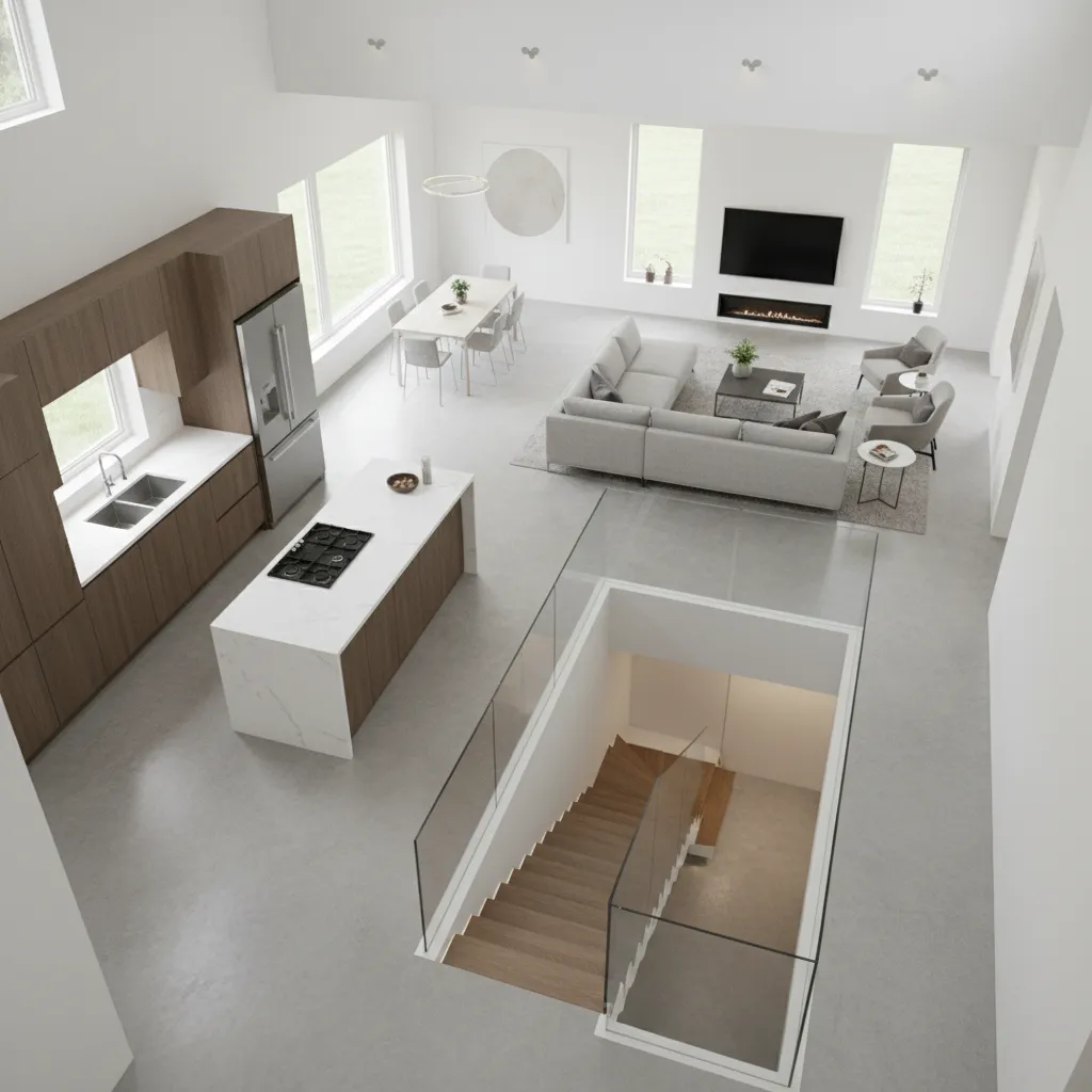 open floor plan showing traffic flow around basement staircase