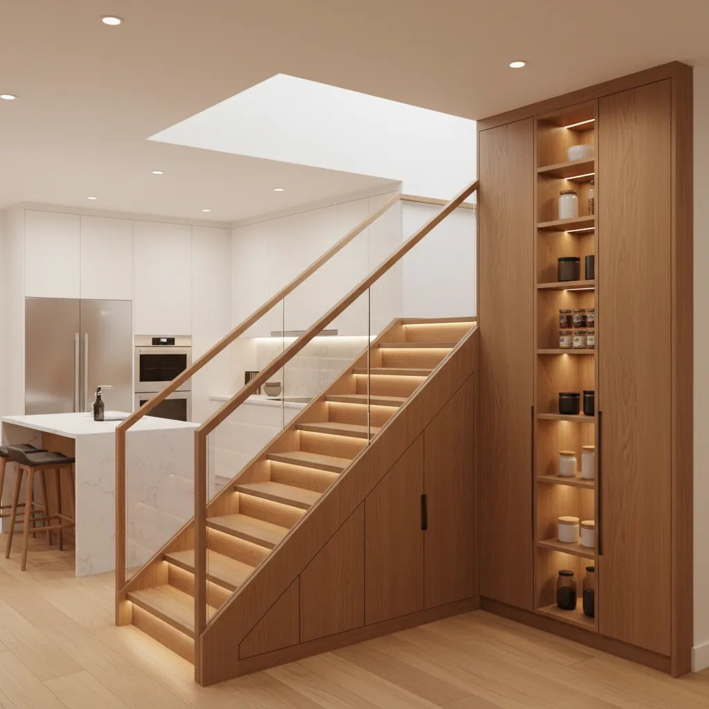 basement stairs with built in storage and pantry near kitchen