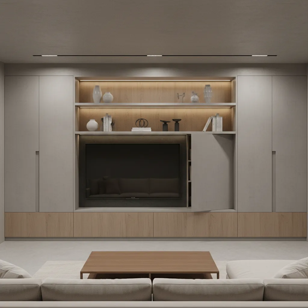 Built in storage cabinets and shelves in a finished basement wall