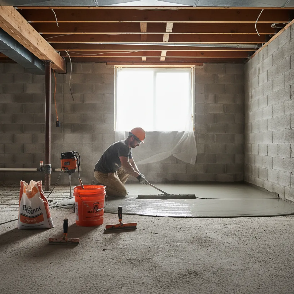 contractor preparing concrete basement floor for laundry room flooring installation