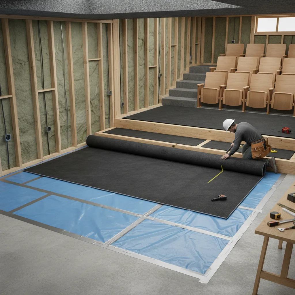 installation of moisture barrier and carpet padding in basement theater