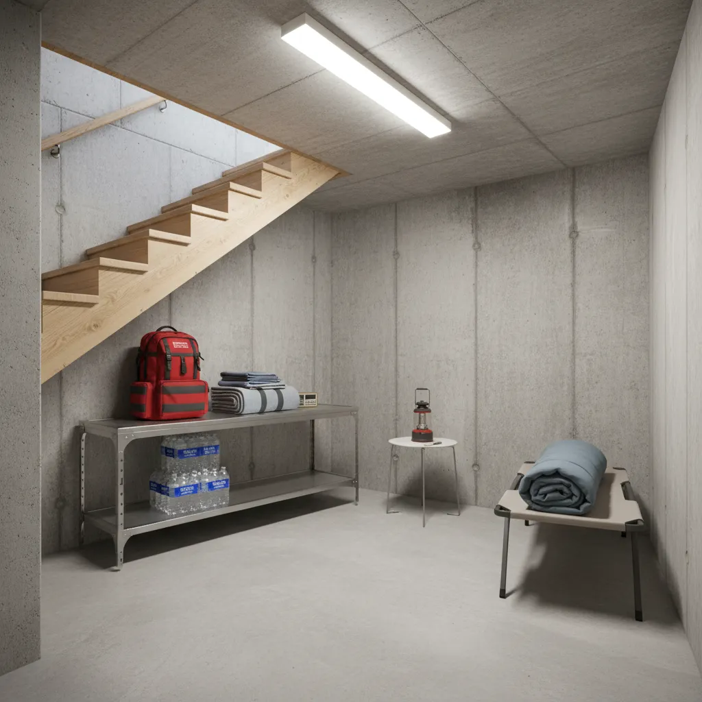 Residential basement corner arranged as tornado shelter
