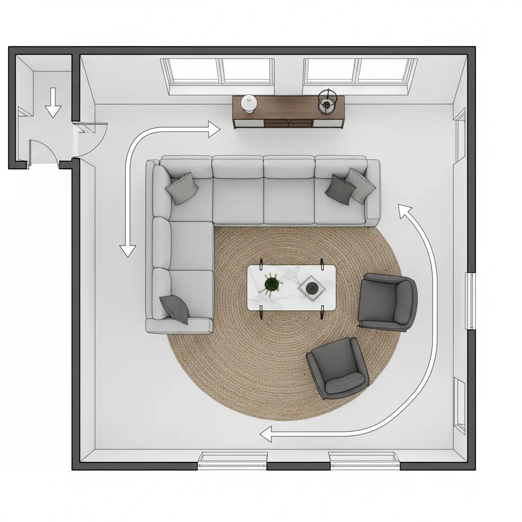 Room layout drawing with white arrows showing movement paths around sofa chairs and round rug