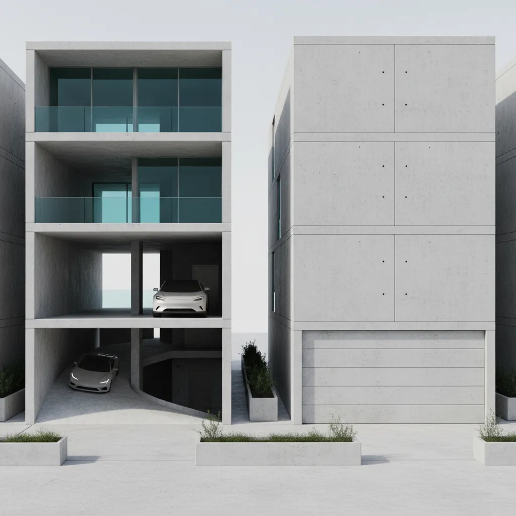 Modern concrete building with multilevel parking showing white cars and minimalist gray exterior wall design