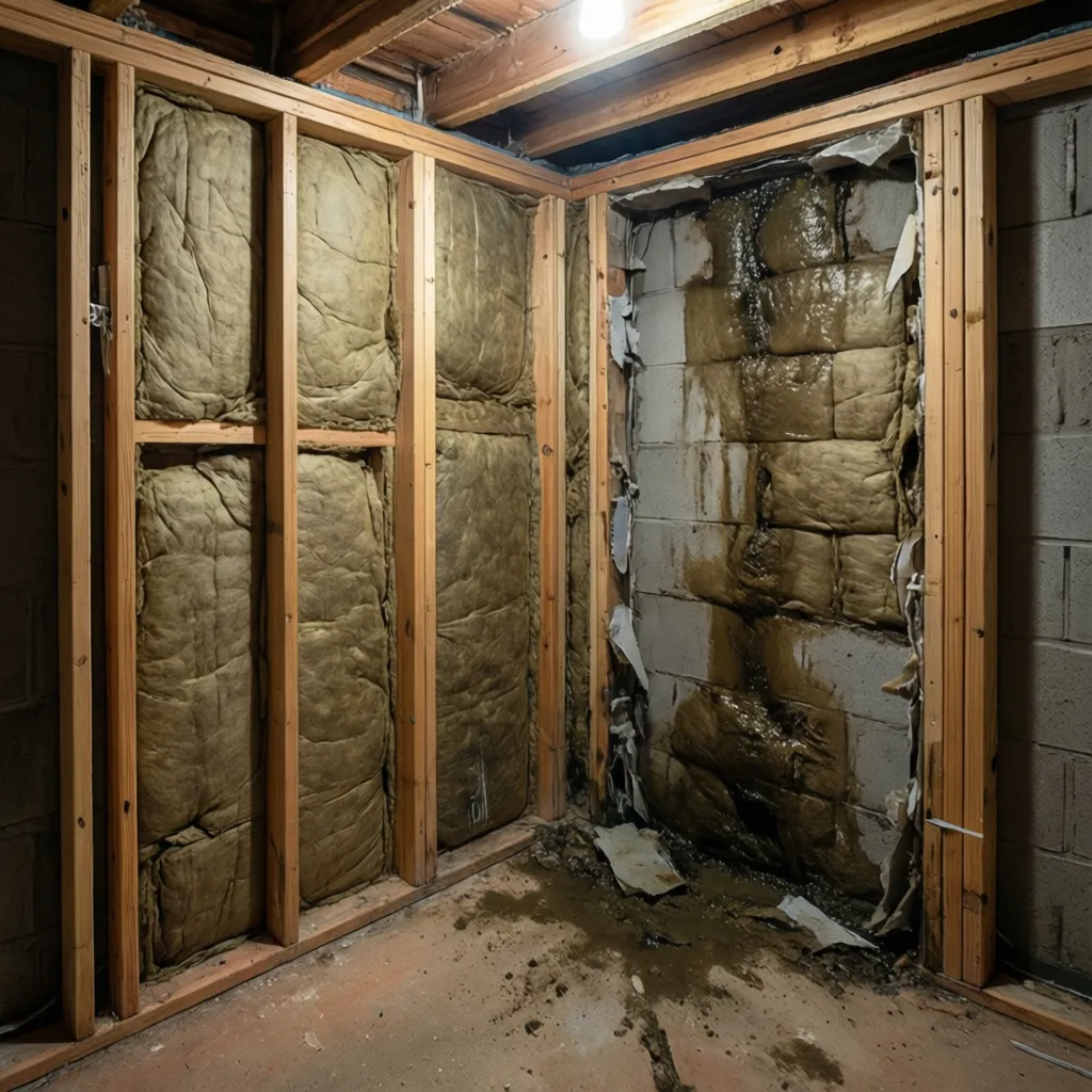 open basement wall cavity showing potential moisture and mold behind paneling