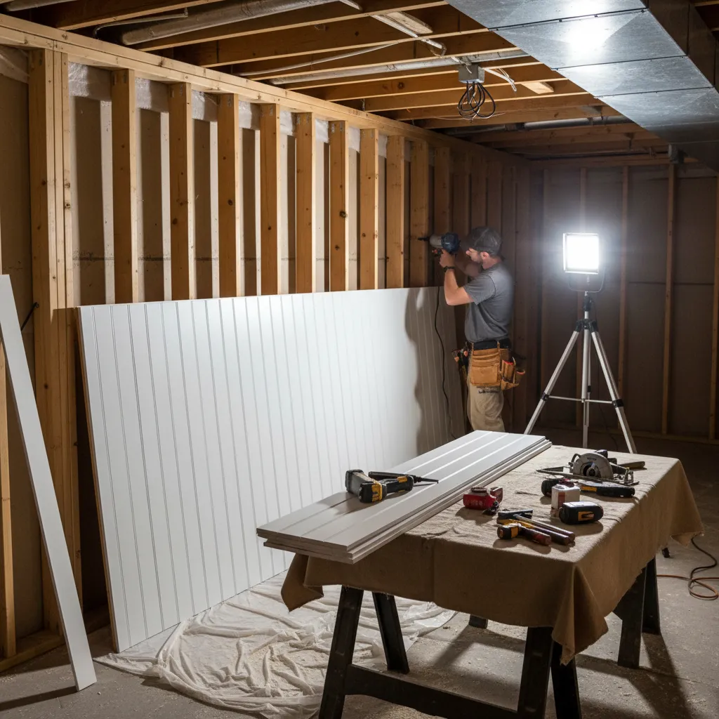 Contractor installing beadboard wall panels on basement framing