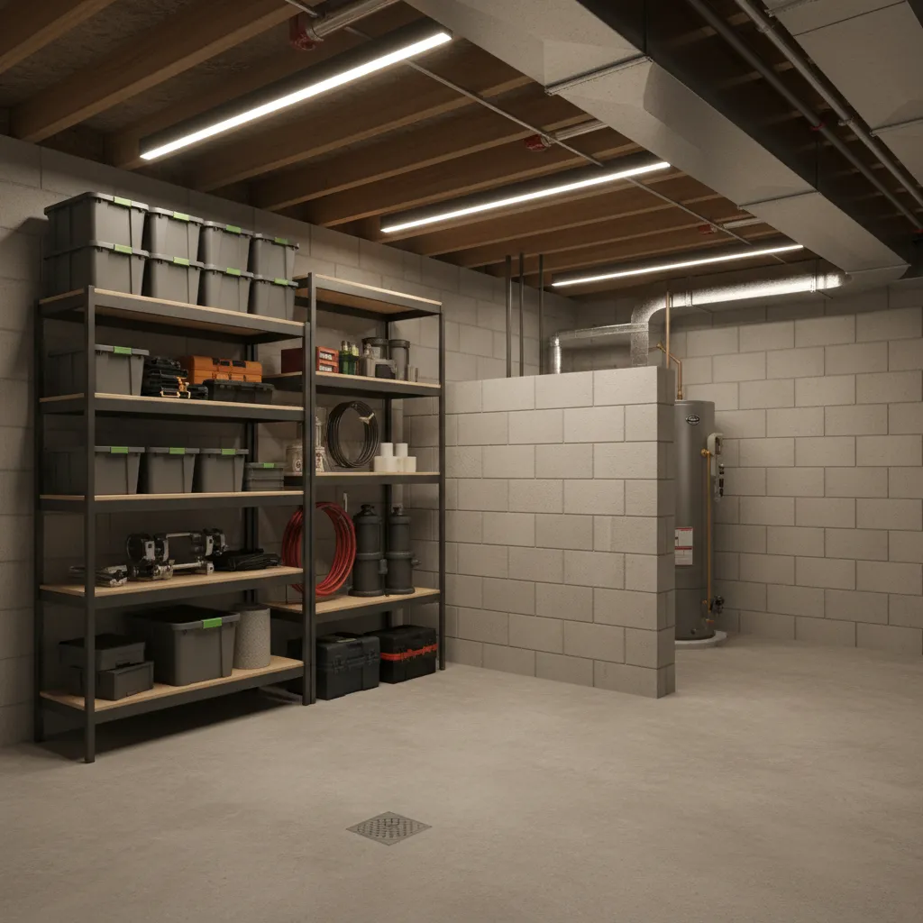 Basement utility area with partition wall partially hiding a water heater