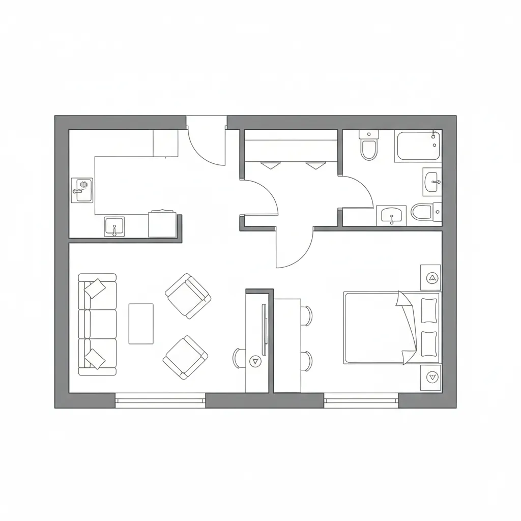 simple 2D floor plan layout showing living room kitchen bedroom and bathroom from top view