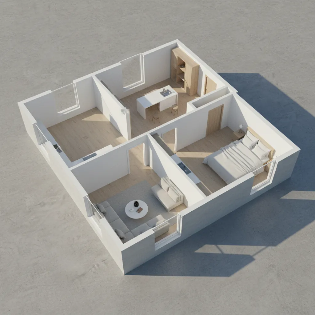 clean 3D floor plan layout showing apartment rooms and furniture arrangement