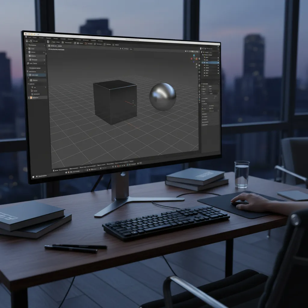 3D modeling software interface showing grid and basic shapes