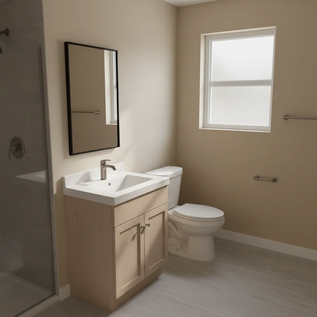 simple basic bathroom remodel with standard vanity toilet and ceramic tile