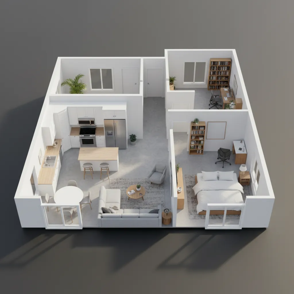 simple multi room home layout created using lightweight 3D modeling software