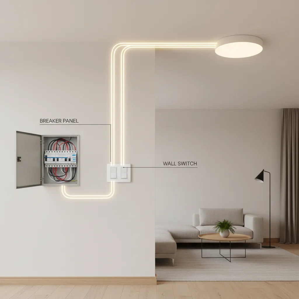 Basic residential lighting circuit showing breaker, switch, wiring, and ceiling light