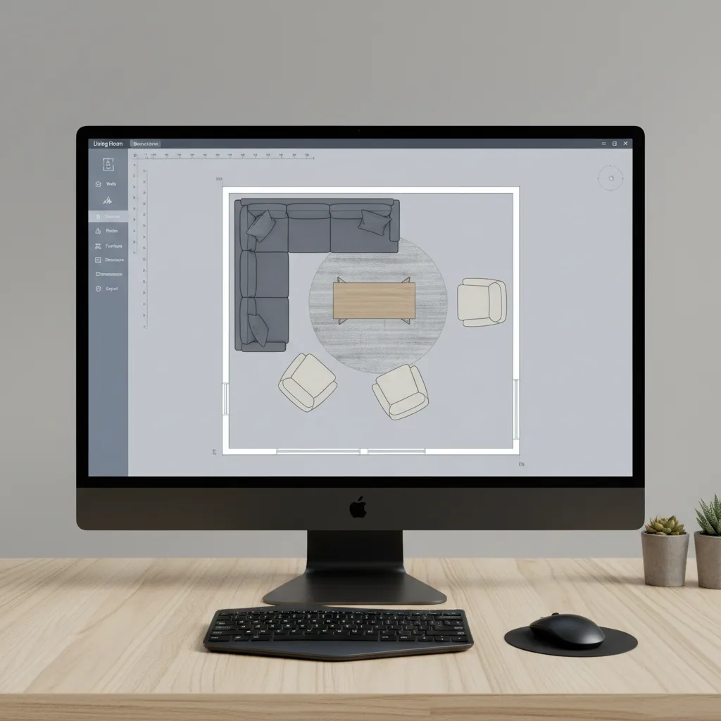 Plano digital de una habitación con muebles básicos en software de diseño