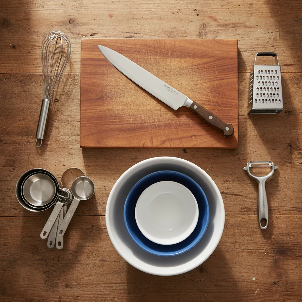 Basic small kitchen equipment including knife cutting board whisk and measuring cups